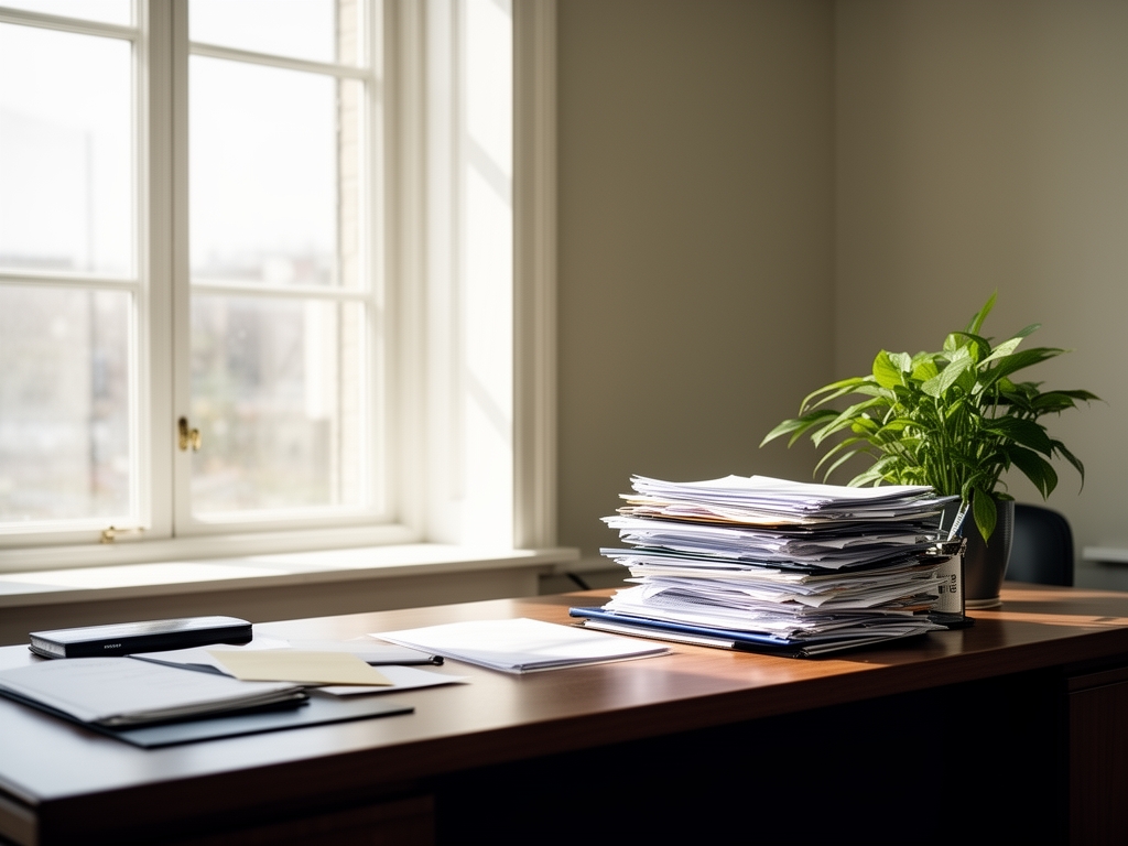 A calm, organised office space with a large window letting in natural daylight, a desk with stacked papers and a plant, suggesting a quiet place for thoughtful correspondence