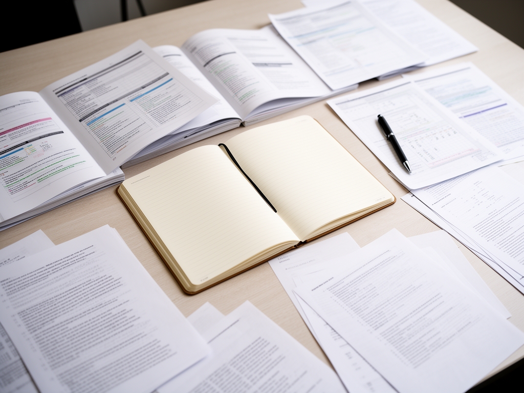 Overhead view of a desk with multiple open notebooks, a pen, and scattered papers arranged in an organised way, representing the mental effort of managing complex information