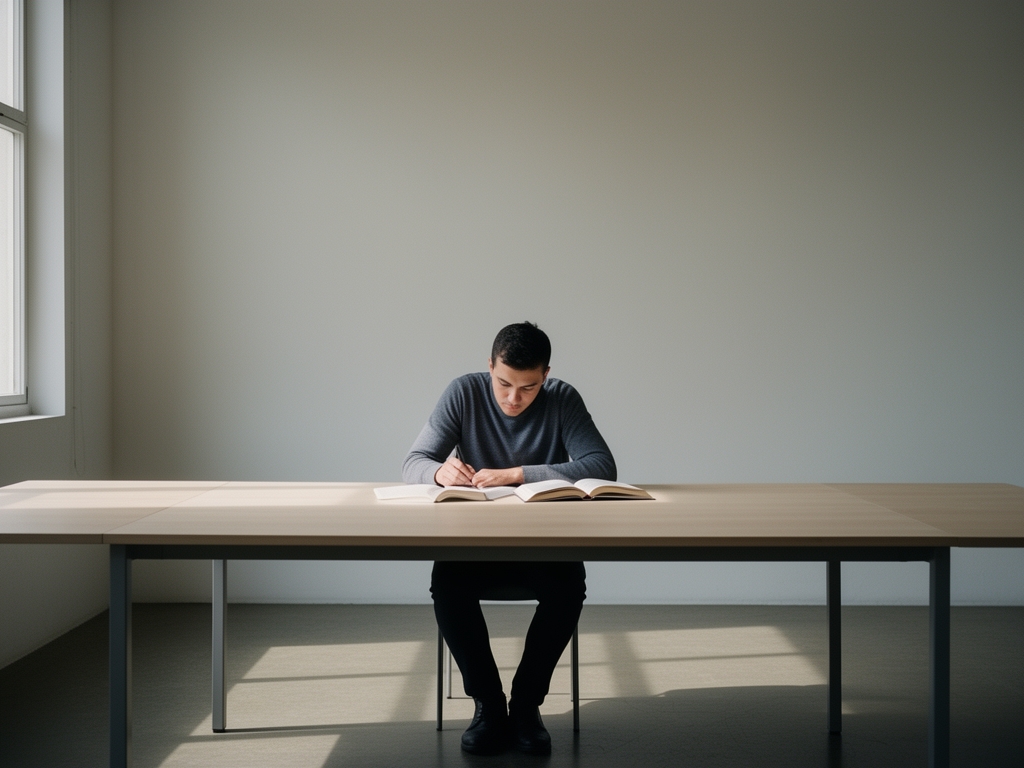 A single person working alone at a long table in a sparse, naturally lit room, with no distractions visible, symbolising concentrated, uninterrupted intellectual effort
