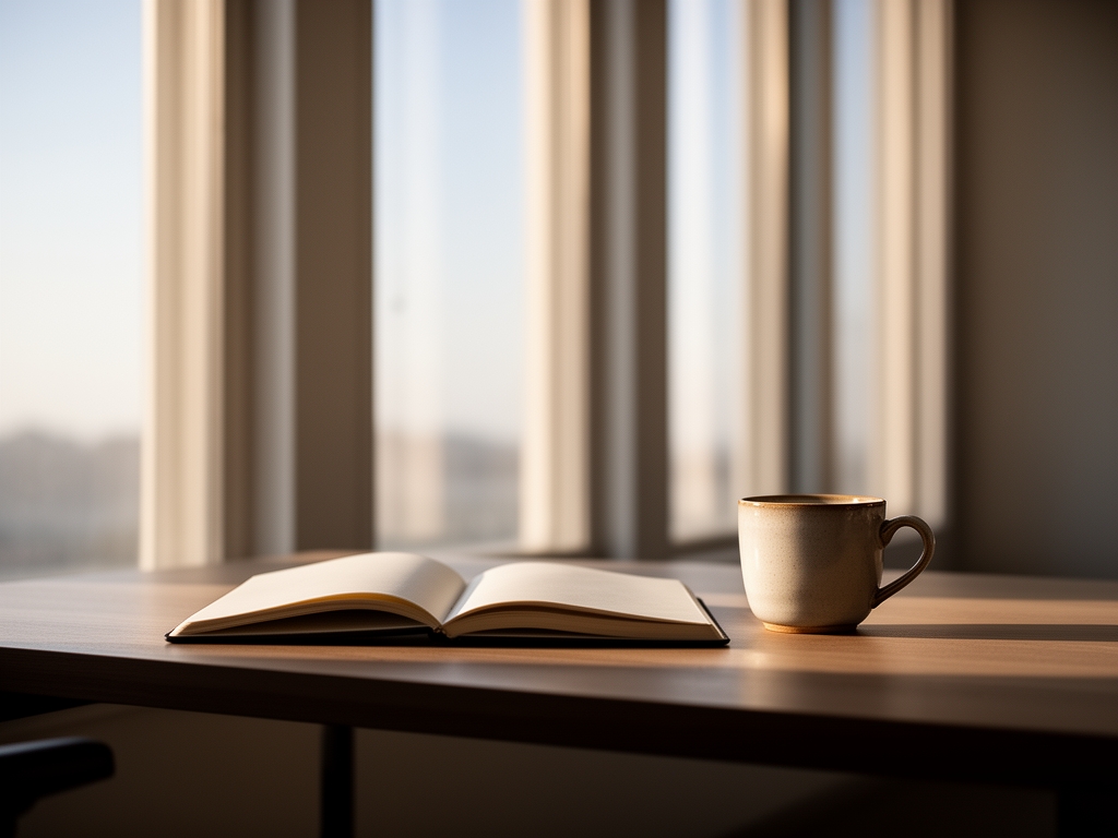 Quiet early morning light falling through tall windows onto a minimal workspace with an open notebook and a ceramic cup, evoking calm intentionality and thoughtful daily routine