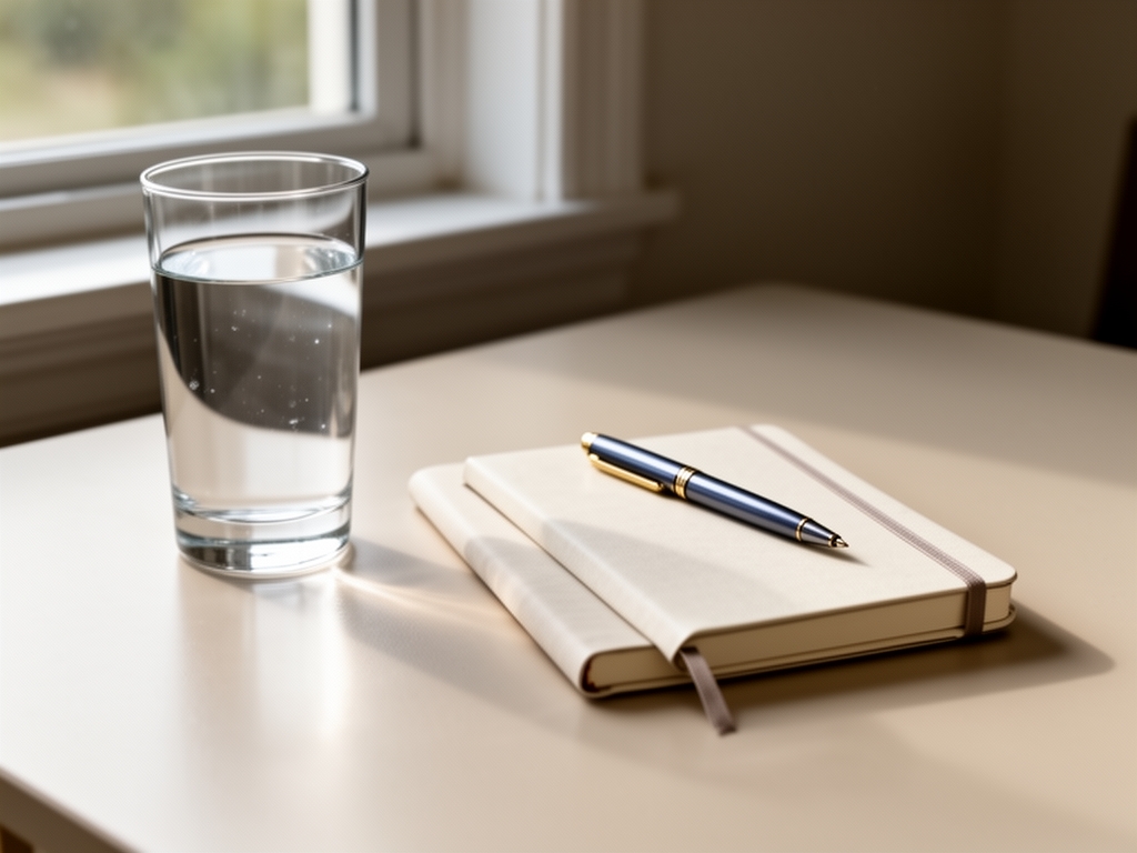 An organised morning scene with a glass of water, a journal, and a pen on a light table beside a window, representing the structure of a calm and intentional daily routine