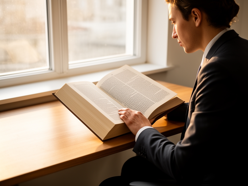 A person sitting at a wooden desk near a window, reading a large open book, surrounded by soft afternoon light and a clean, uncluttered surface