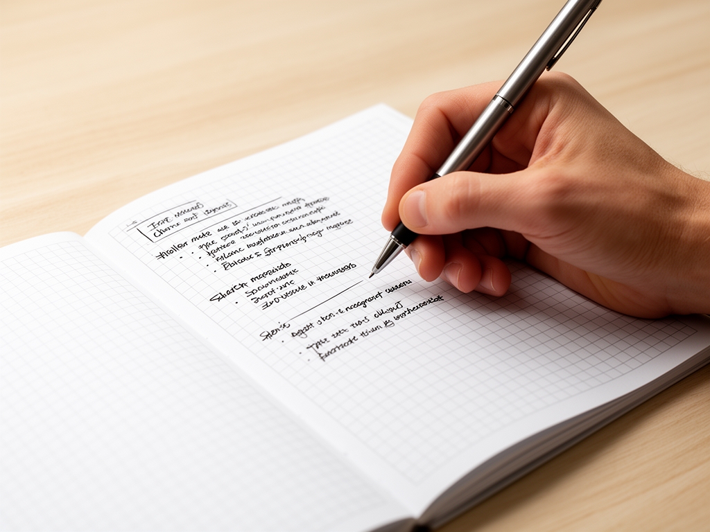 Close-up of a hand writing structured notes in a grid-pattern notebook on a light wooden desk, capturing focused cognitive work and mental organisation