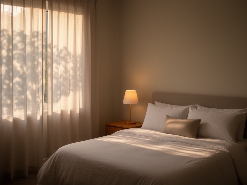 Soft early morning light coming through a half-open curtain in a tidy, uncluttered bedroom, symbolising the transition between rest and wakefulness
